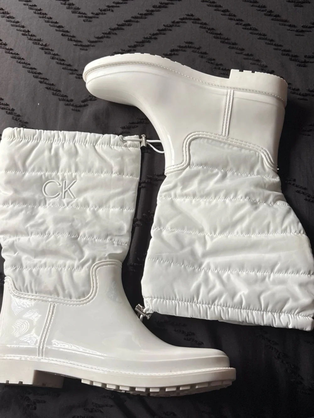 Calvin Klein White Quilted Patent Rain Boots with CK Logo